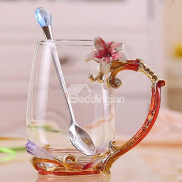 Creative Handmade Enamels Lily Pattern Glass With A Spoon Tea Cup