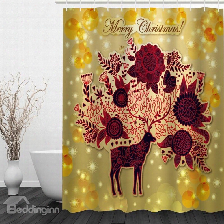 Creative Reindeer With Blooming Flowers Printing Christmas Theme Bathroom 3d Hower Curtain