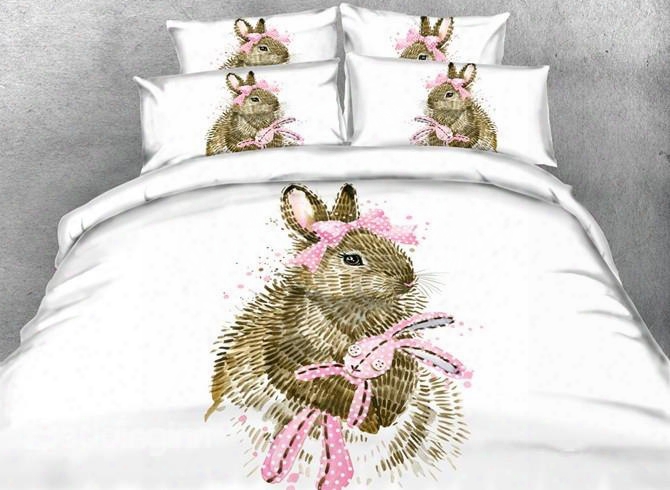 Cute Rabbit With A Pink Bow Print 5-piece Comforter Sets