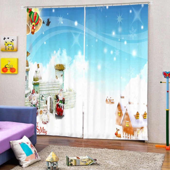 Cute Santa And Warm Village Printing Christmas Theme 3d Curtain