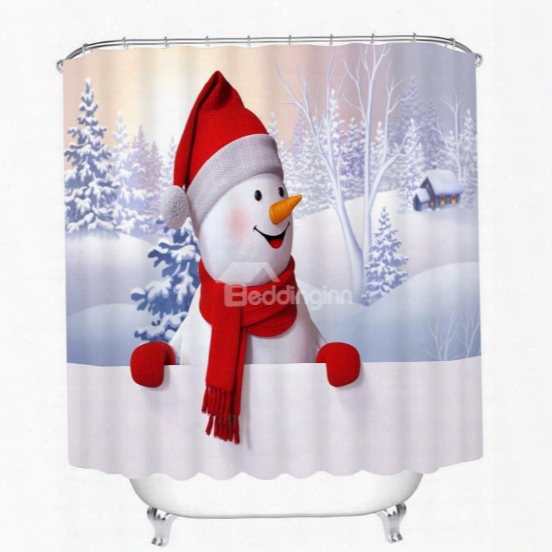 Cute Snowman With Red Scarf And Gloves Smiling Printing Christmas Th Eme 3d Shower Curtain