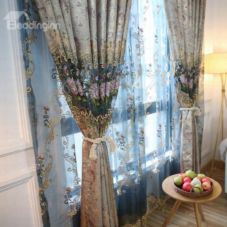 Decorative And Breathable Polyester Sheer Embroidered Flowers 2 Panels Sheer Curtain