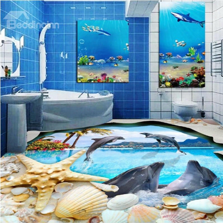 Decorative Jumping Dolphins And Seashells Pattern Waterproof 3d Floor Mruals