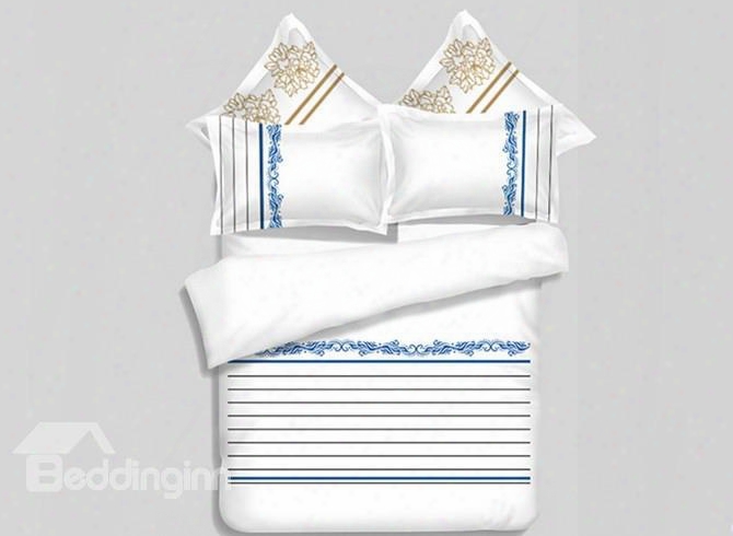 Elegant Blue Stripe Print 4-piece Polyester Duvet Cover Sets