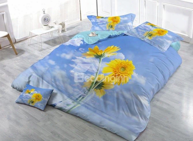 Elegant Daisy Print Satin Drill 4-piece Duvet Cover Sets