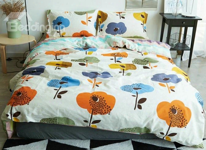 Elegant Doodle Flower Print Cotton 4-piece Duvet Cover Sets
