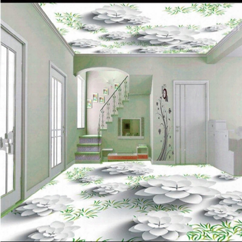 Elegant White Flowers And Green Plants Pattern Antiskid And Waterproof 3d Floor Murals