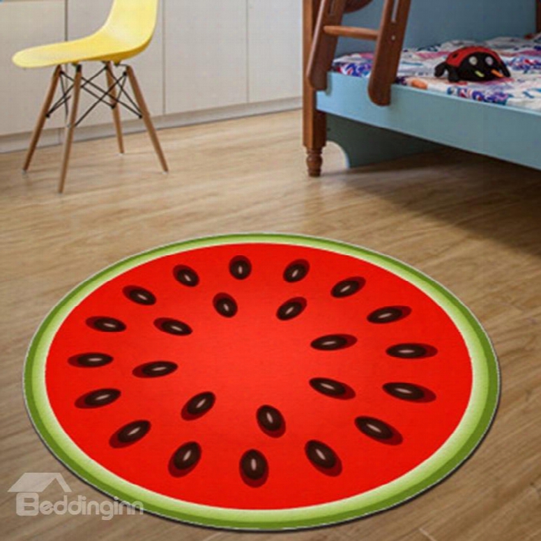 Fancy Modern Design Round Red Watermelon Pattern Washable Decorative Area Rug