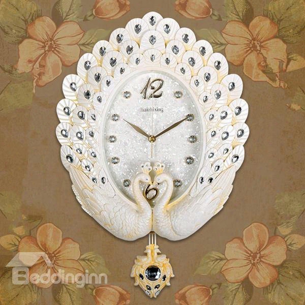 Fashion Design White Peacock With Acrylic Diamond Mute Battery Wall Clock