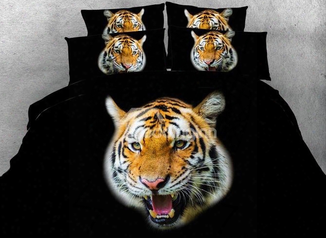 Fierce 3d Tiger Head Print Black 5-piece Comforter Sets