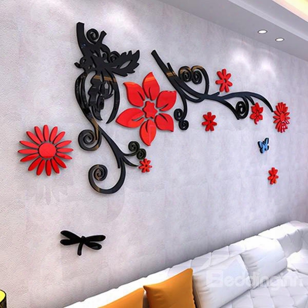 Flowers And Black Branches Pattern Acrylic 3d Wall Stickers