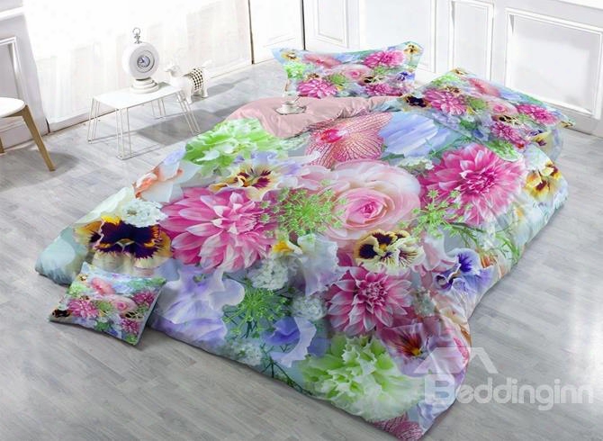 Fragrant Colorful Floral Bouquets Print Satin Drill 4-piece Duvet Cover Sets