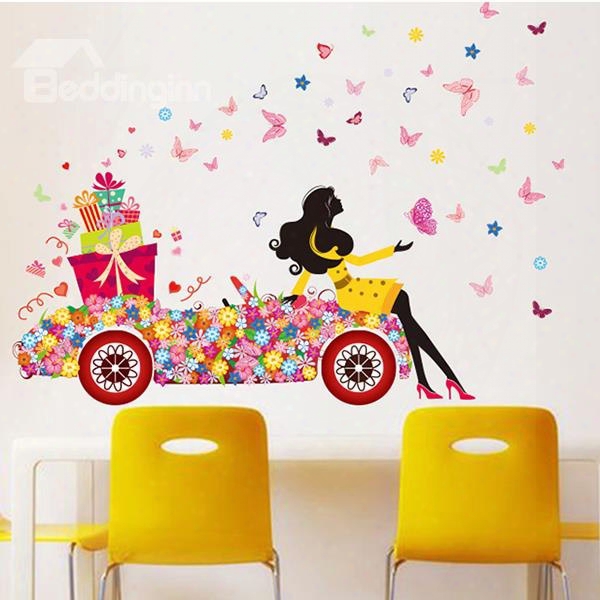 Fresh And Colorful Girl Sitting On Flower Car Print Kids Wall Sticker