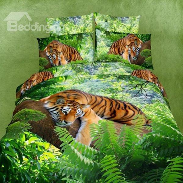 Fresh Green 3d Tiger Printed Cotton 2-piece Pillow Cases
