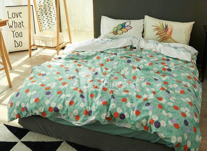 Fresh Greeb Leaves And Flower Print 4-piece Cotton Duvet Cover Sets