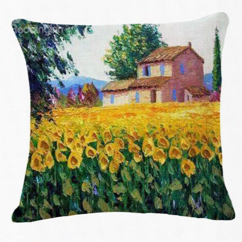 Glorious Sunflower Fields Print Square Throw Pillow