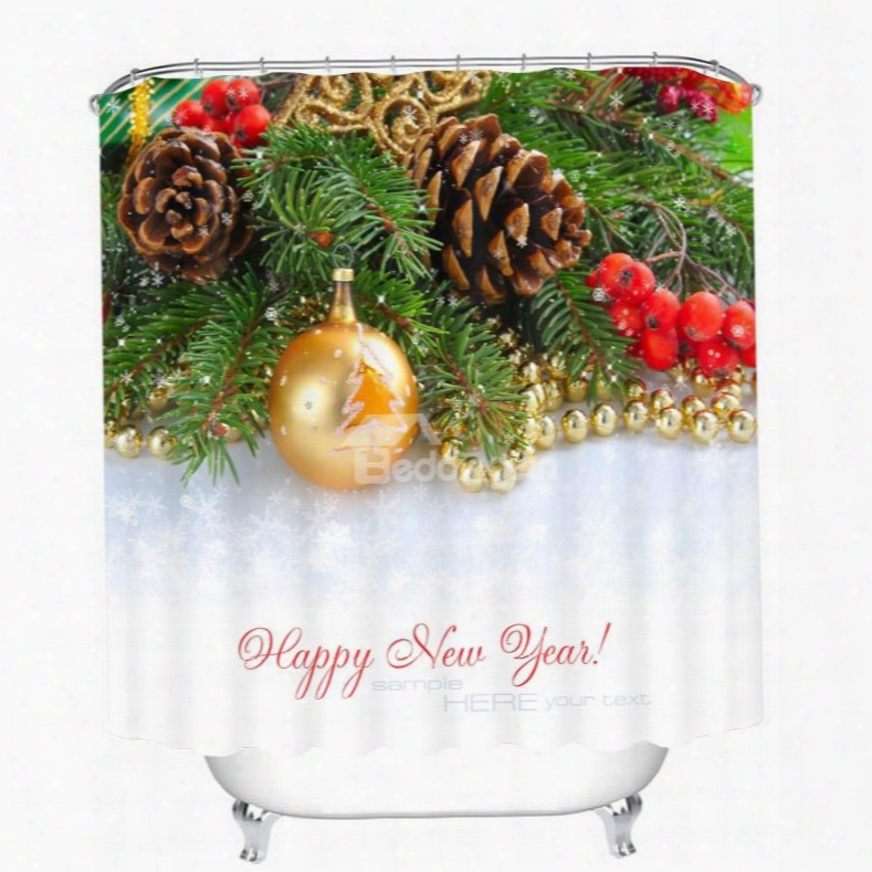 Golden Christmas Balls And Pine-cone Printing Christmas Theme 3d Shower Curtain