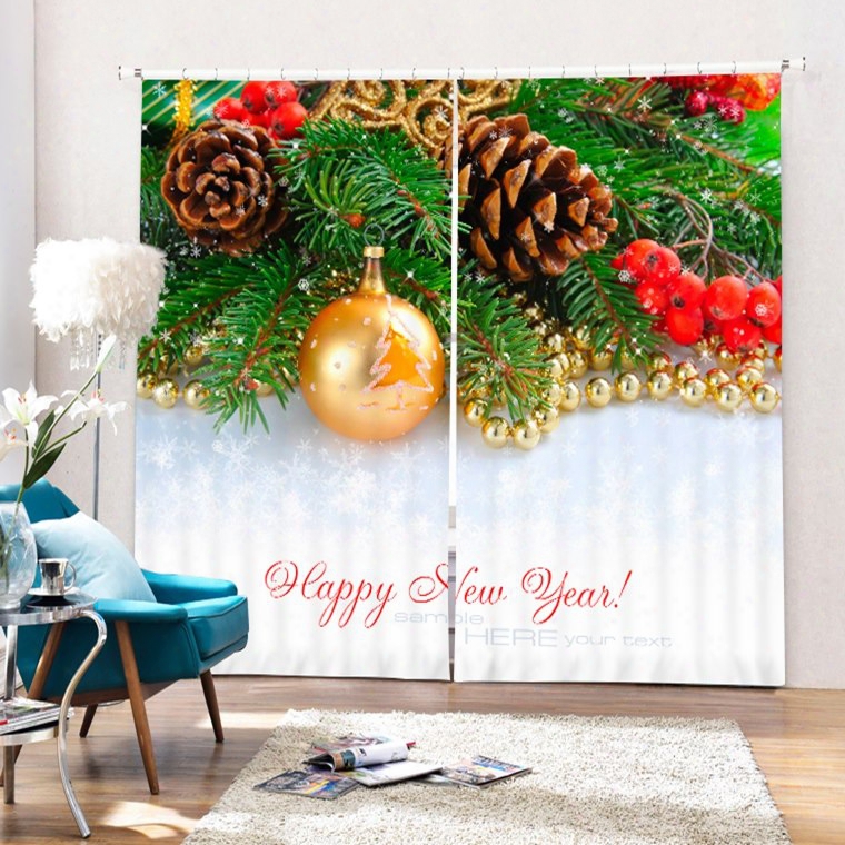 Golden Christmas Balls And Pine-cone Printing Christmas Theme 3d Curtain