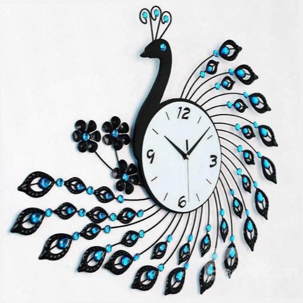Gorgeous Iron 3d Peacock Design With Artificial Diamonds Decoration Battery Wall Clock