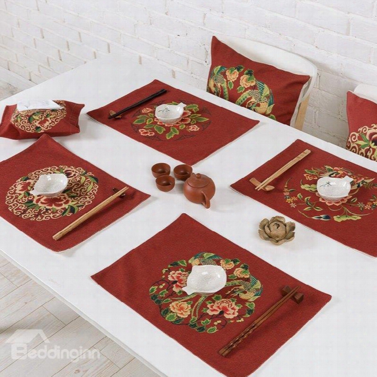Gorgeous Red Flower Pattern 4 Pieces Heeat Resistant Washable Decorative Table Placemats