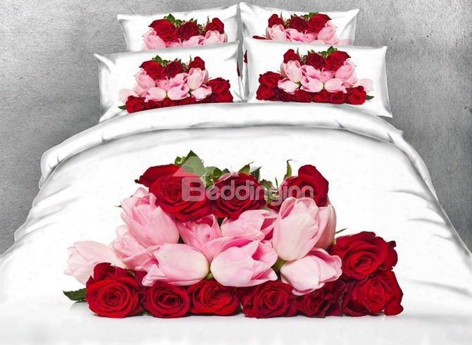 Graceful Red Roses And Pink Tulips Print 5-piece Com Forter Sets