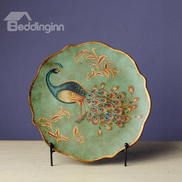 Green Ceramic Beautiful Pecaock Pattern Desktop Plate Painted Pottery