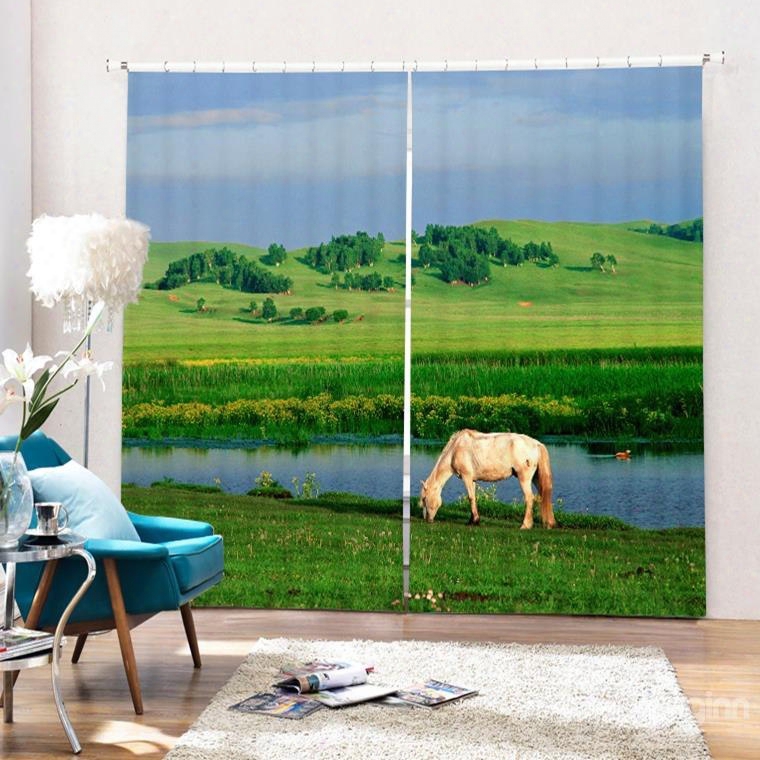 Horse Eating Grass By The Lake Printing 3d Curtain