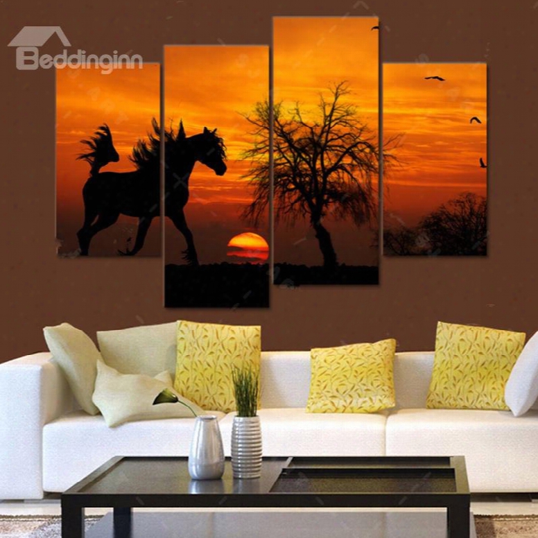 Horse In Sunset Canvas Waterproof And Eco-friendly Hanging 4-piece Framed Prints