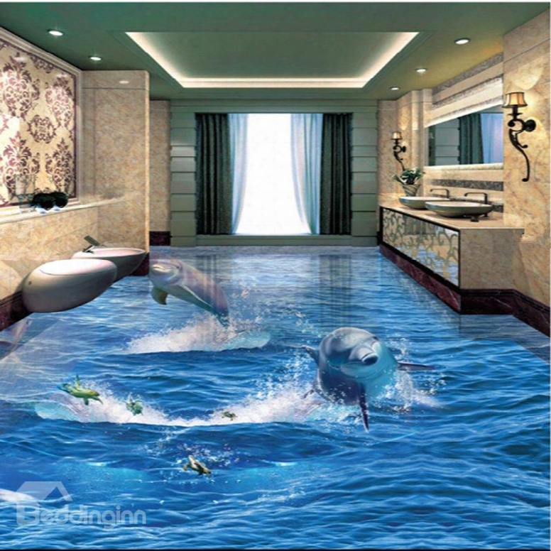 Jumping Dolphins And Turtles Splicing 3d Waterproof Floor Murals