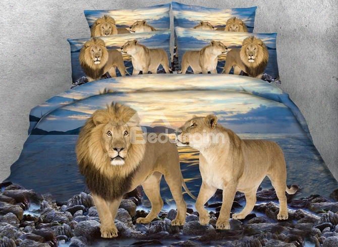 Lifelike Lion Couple Print 5-piece Comforter Sets