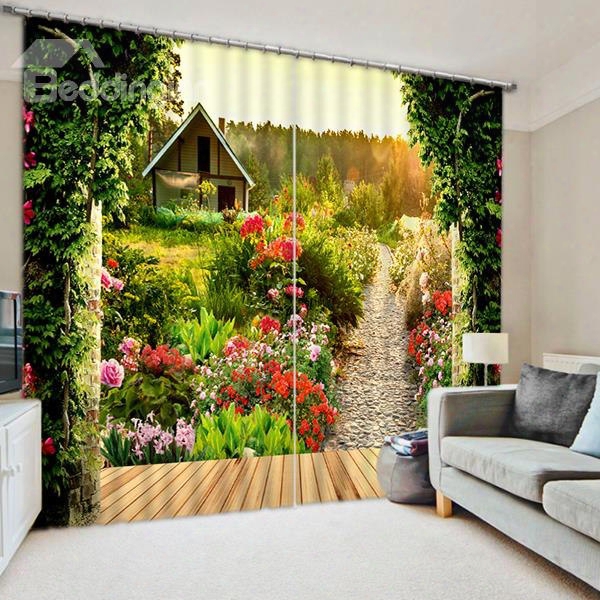 Log Cabin And Path With Flowers Printed Custom Living Room 3d Blackout Curtain