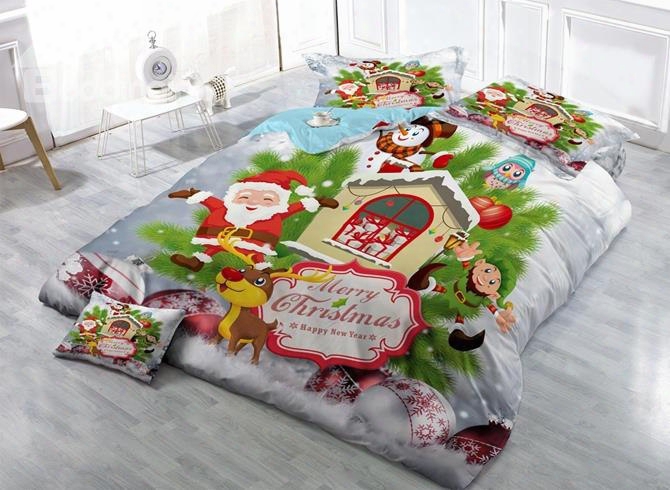 Lovely Christmas Santa Print Satin Drill 4-piece Duvet Cover Sets