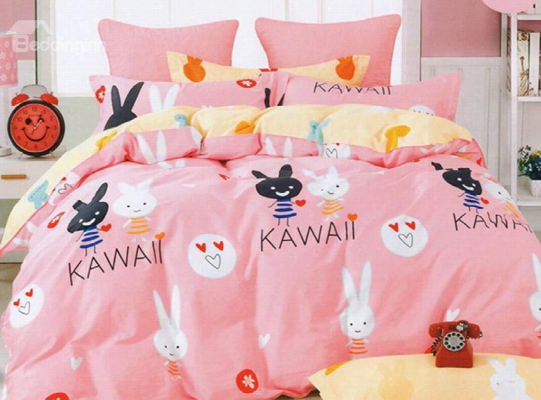 Lovely Rabbits Print Two Colors For Choose 3-piece Cotton Duvet Cover Sets