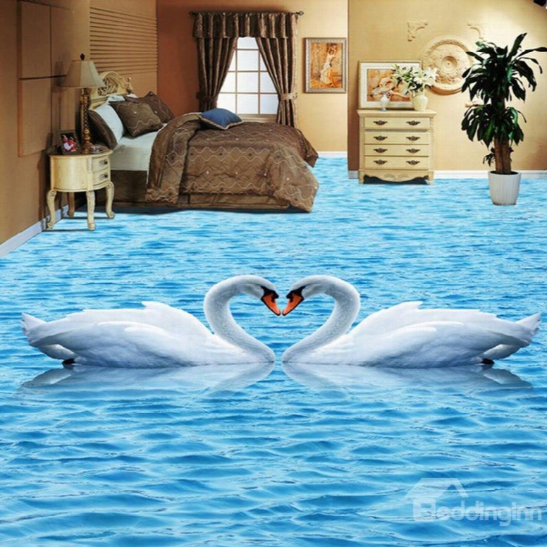 Lovely Romantic Swan Couples In The Lake Pattern Waterproof Splicing 3d Floor Murals