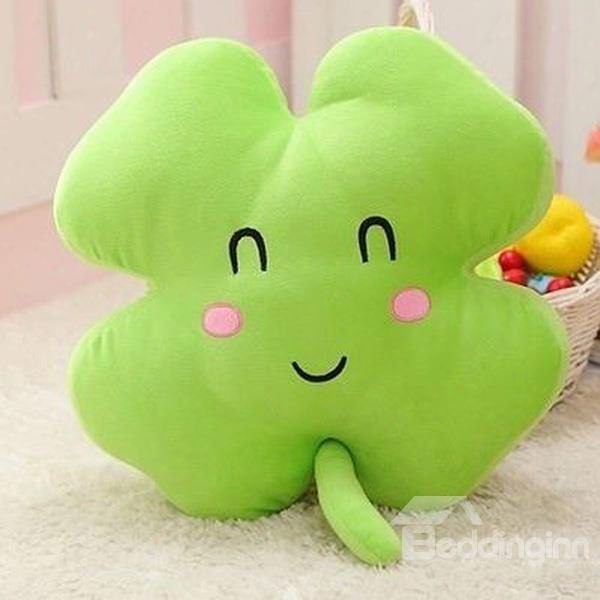 Lovely Smile Face Print Green Four Leaf Clover Shape Plush Throw Pillow