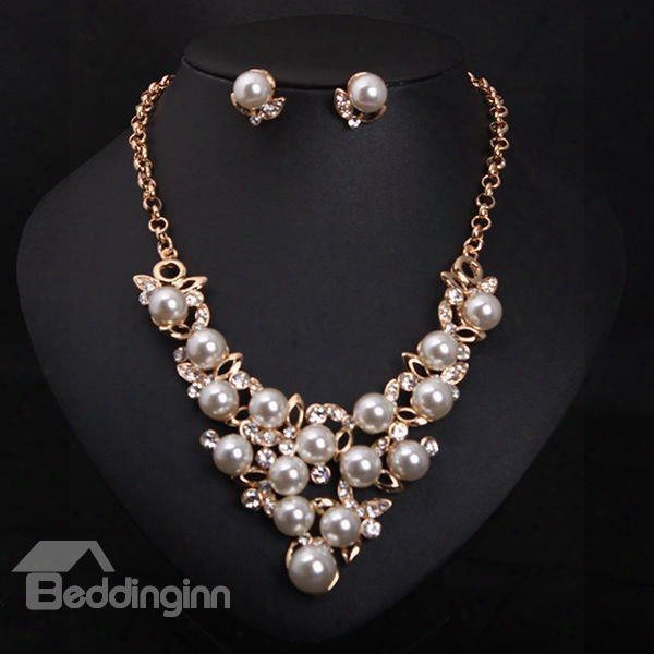 Luxury Pearls Alloy Statement Necklace With Earrings