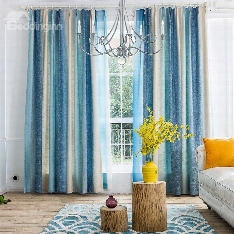 Mediterranean Style Blue Stripes Cotton & Linen Blending Custom Curtain