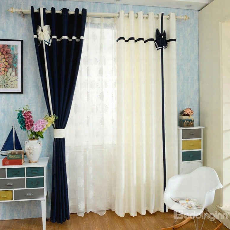Mediterranean Style Double Colored Custom Curtain With Bowknot