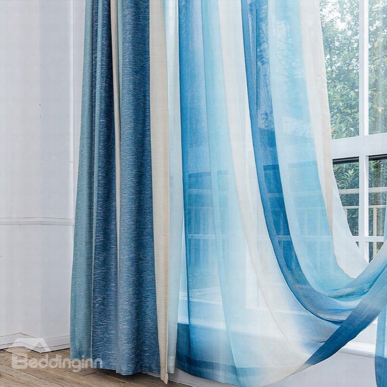 Mediterranean Style Romantic Blue Stripes Window Treatment Custom Sheer Curtain