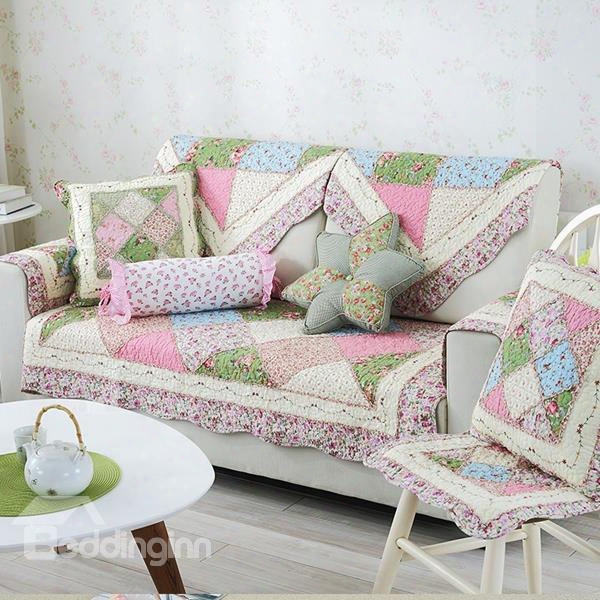 Modern Country Style Splicing Flower Pattern Quilting Seam Cushion Sli P Resistant Sofa Covers