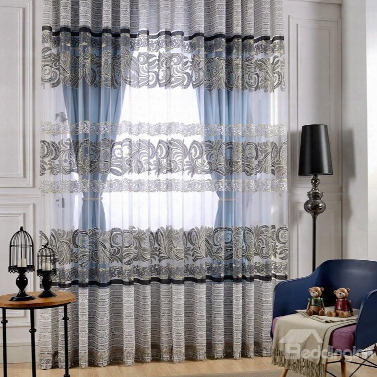 Modern Decor Stripes Printing Grey Sheer & Blue Shading Cloth Curtain Sets