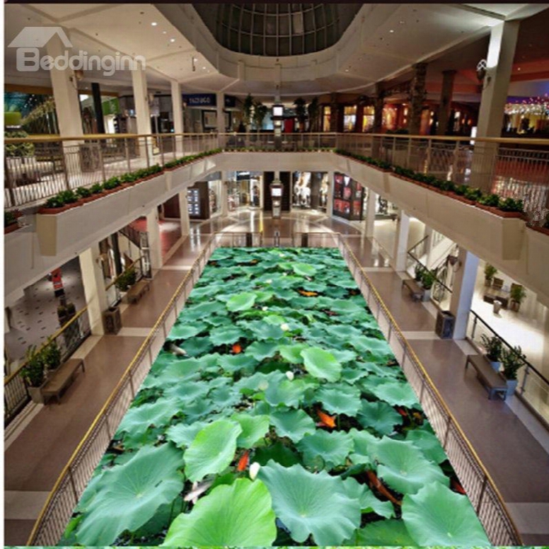 Modern Design Green Lotus Leaves And Goldfishes Pattern Waterproof 3d Floor Murals
