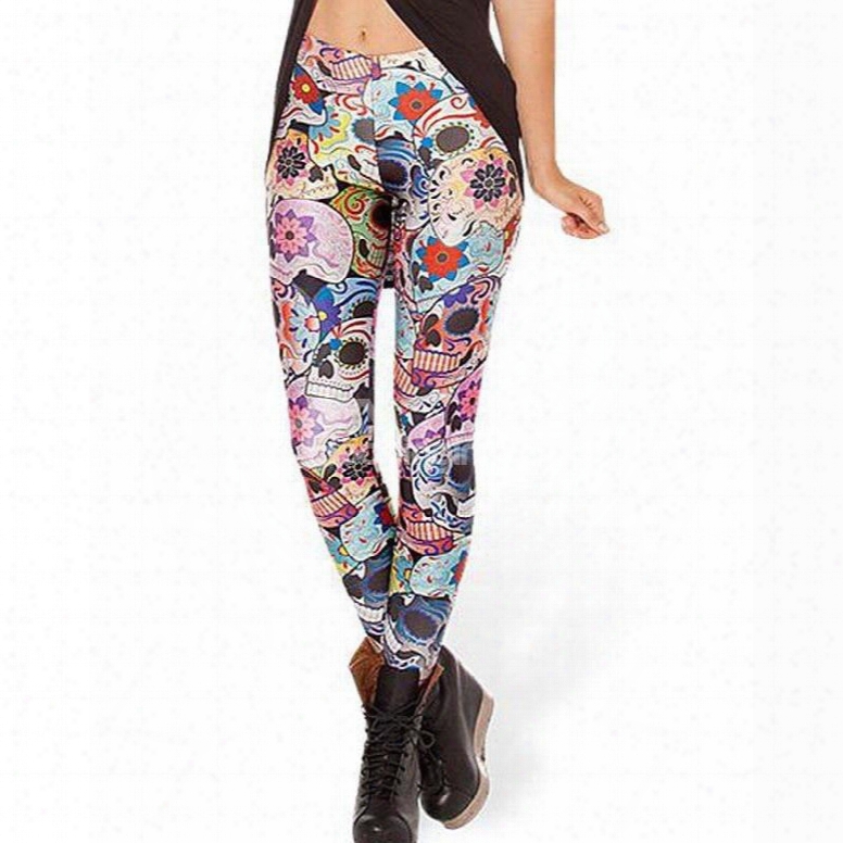 Multicolor Skull Pattern Tight 3d Painted Legging