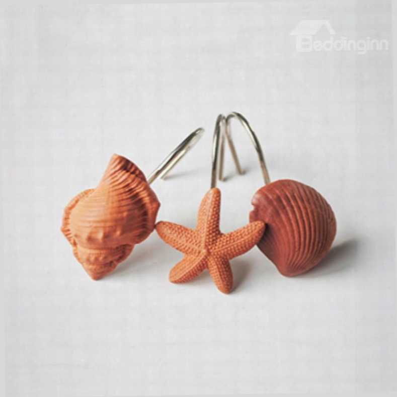 Orange Shell And Starfish Pattern Resin 12-pieces Shower Curtain Hooks