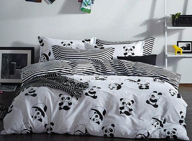 Panda Print Black And White Cotton 4-piece Bedding Sets/duvet Covers