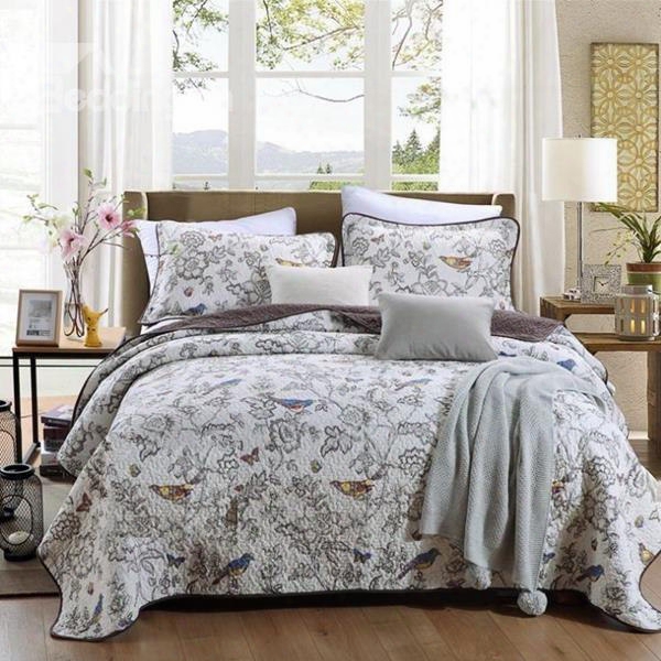 Pastoral Style Birds Print Cotton Bed In A Bag Set