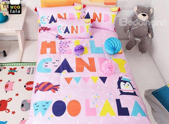 Pink Candy And Cute Letters Print Kids Duvet Cover Set