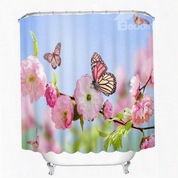 Pink Peach Flowers And Butterflies Print 3d Bathroom Shower Curtain
