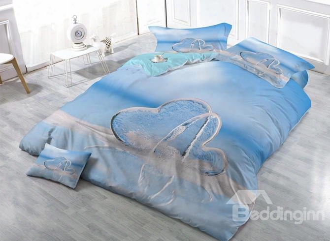 Popular Heart Shape Print Satin Drill 4-piece Blue Duvet Cover Sets