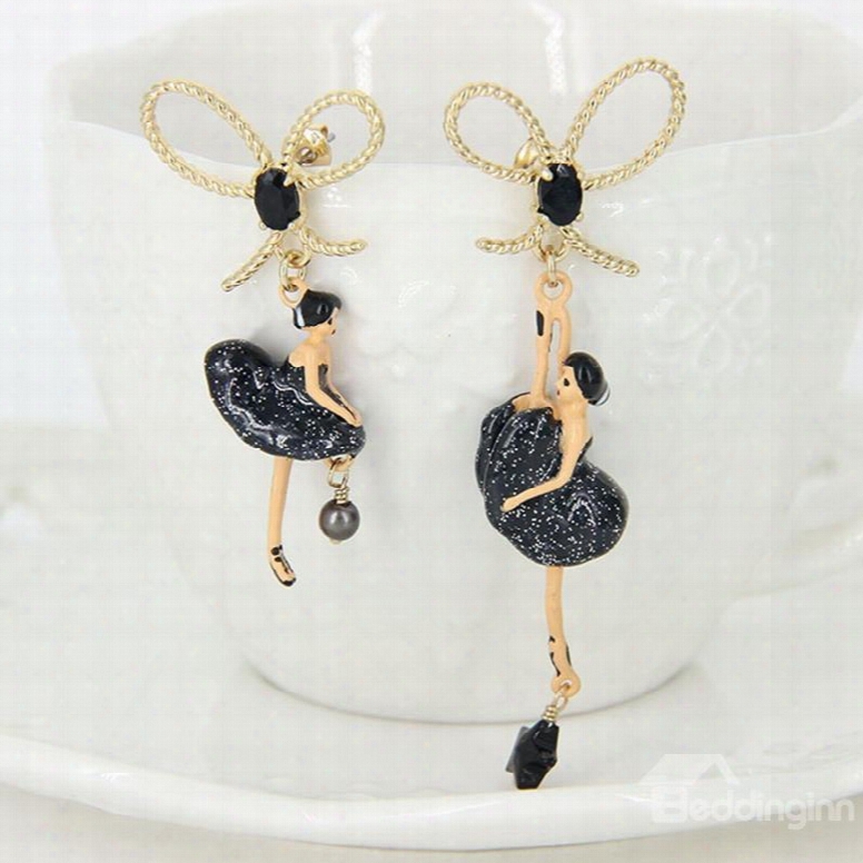 Pretty Asymmetric Ballet Dancer Bowknot Design Pendant Earrings